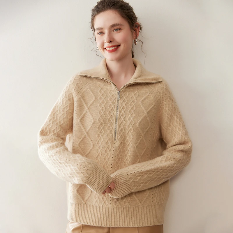 

Autumn Winter 100% Cashmere Pullover Sweater Women's Half-Zip Turn-down Collar Soild Cable Knitted Long Sleeve Tops High Quality