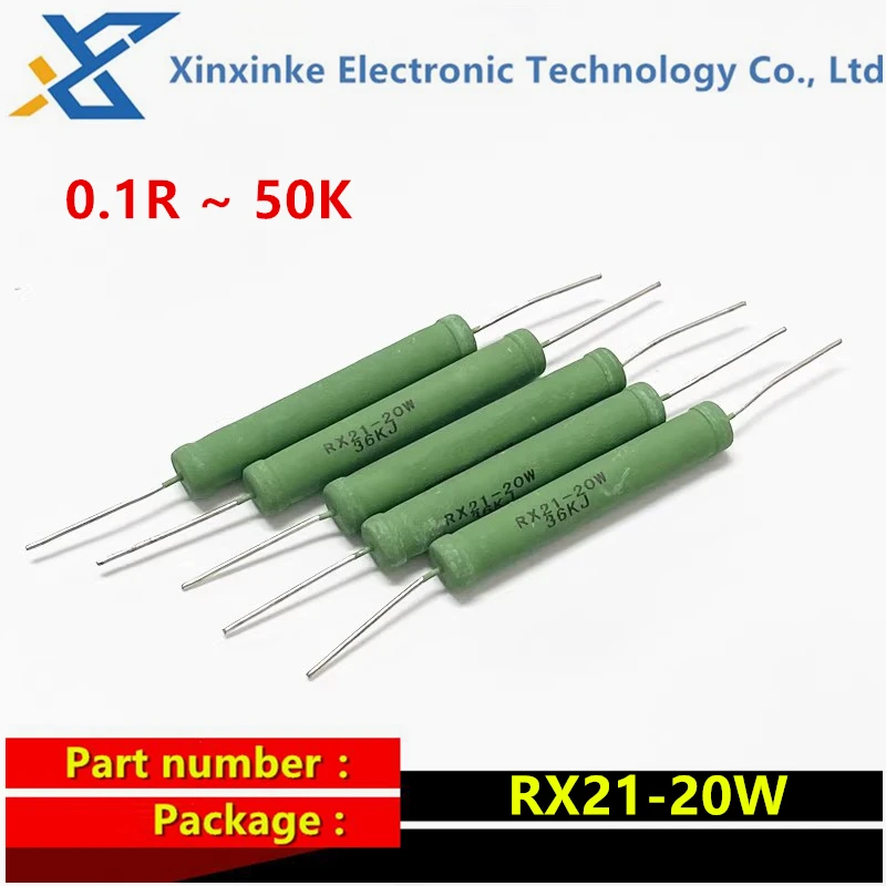 5PCS RX21 20W Wire Wound 0.1R~50K Resistance 1R 10R 100R 1K 10K 20K 33K 47K 20R 22R 24R 27R 33R 36R Resistor RX21-20W 100 ohms