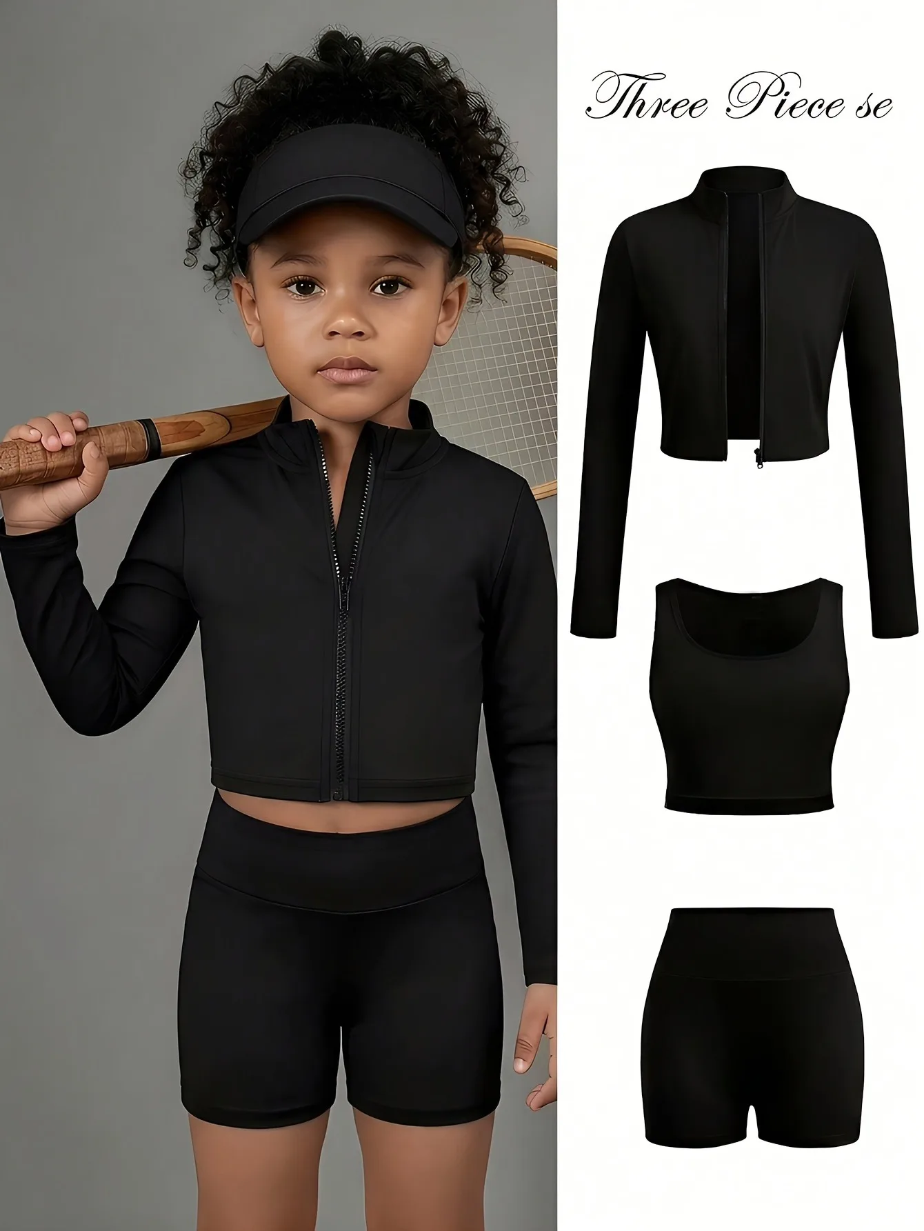 Athleisure Girls Black 3 Piece Active Set Zip Cropped Jacket High Waist Shorts Tennis Dance Workout Outfit for 4-12Y