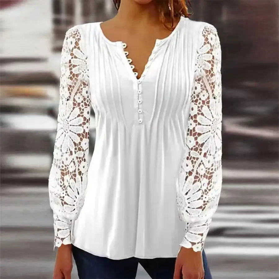 Elegant White Lace Patchwork Shirts And Blouses Women Spring Autumn Hollow Out Lace Long Sleeve Blouse For Women Tops Femme