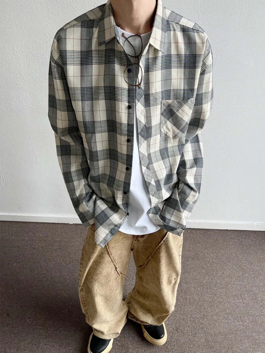 

Мужская рубашка в американском ретро-стиле в клетку, весенняя, молодежная, с длинным рукавом, свободного кроя, не требующая глажки, модная