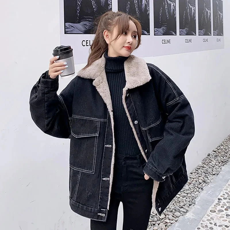 Double-Sided Lamb Wool Denim Jacket Women's Velvet Thick Furry Casual BF Padded Loose Winter Cowgirls Coat