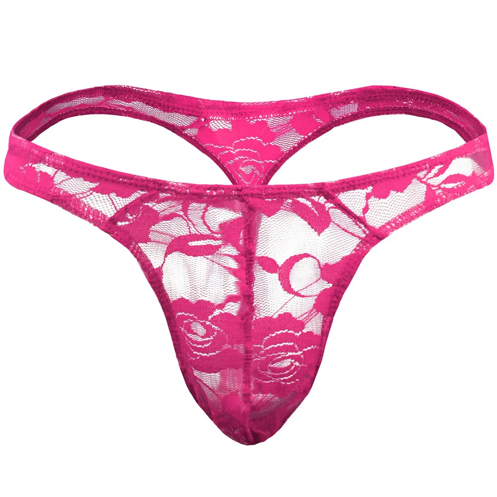 Men's Erotic T Back Thong Sissy Sexy Lace Embroidery Semi Transparent G-string Gay Low-rise U Convex Pouch Panties Open Buttocks