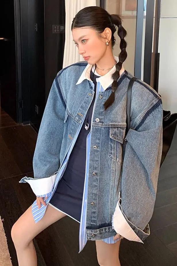 

American Vintage Washed Denim Jackets Women's Oversized Collarless Casual Chic Spring Fall 2025 New Loose Workwear Relaxed Coats