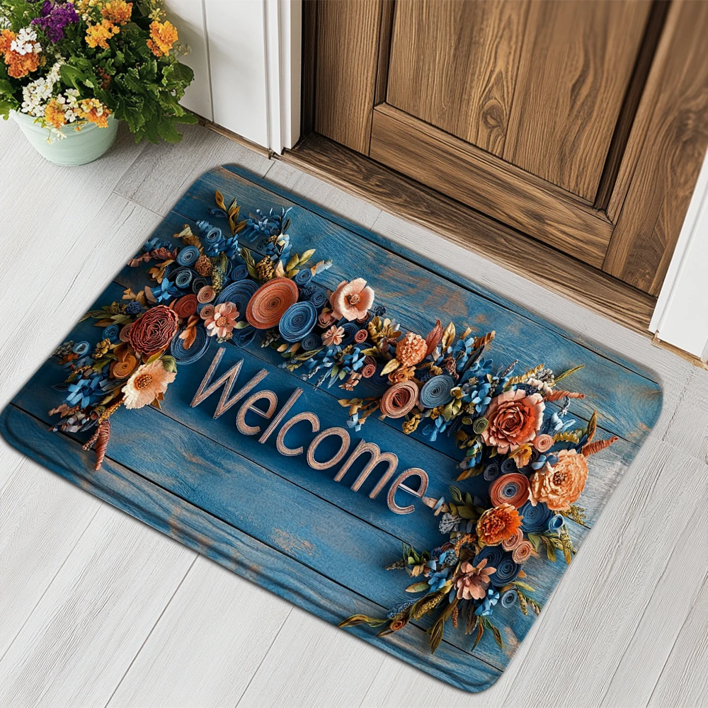 Bathroom Floor Mat Carpet Rug - Flowers Pattern Non-Slip Door Mat Entrance Floor Decor for Living Room Home Decoration Doormat