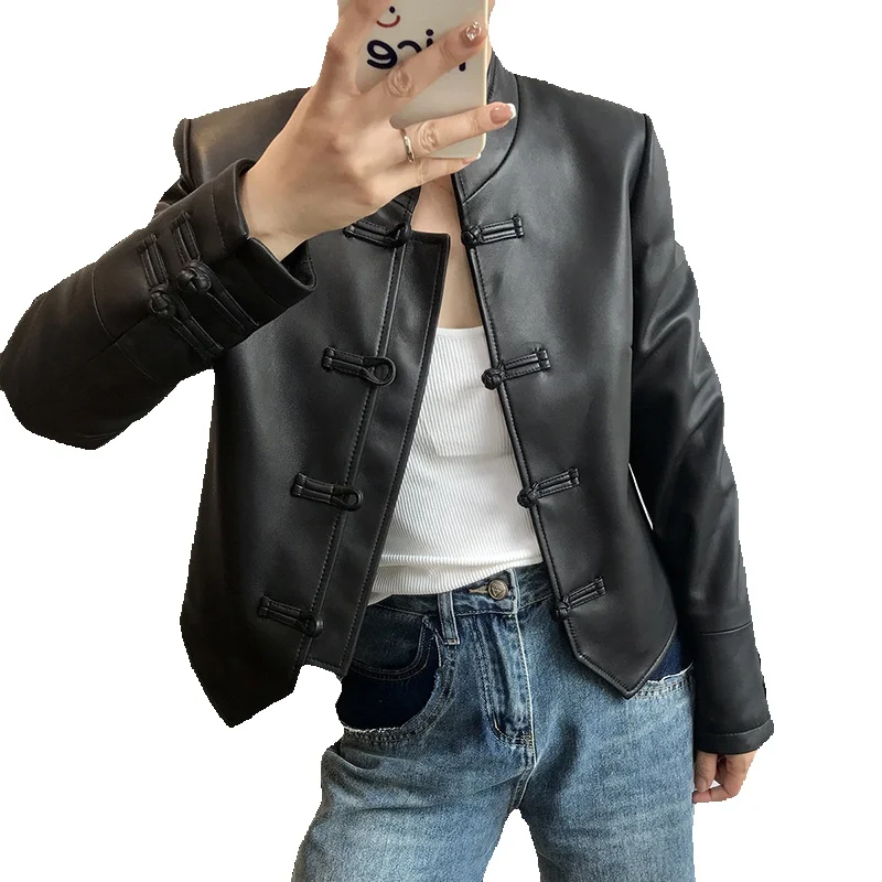 Chinese Style Buckle Genuine Leather Jacket Short Style Fashionable And Western-Style Tang Dynasty Standing Collar Sheep Leather