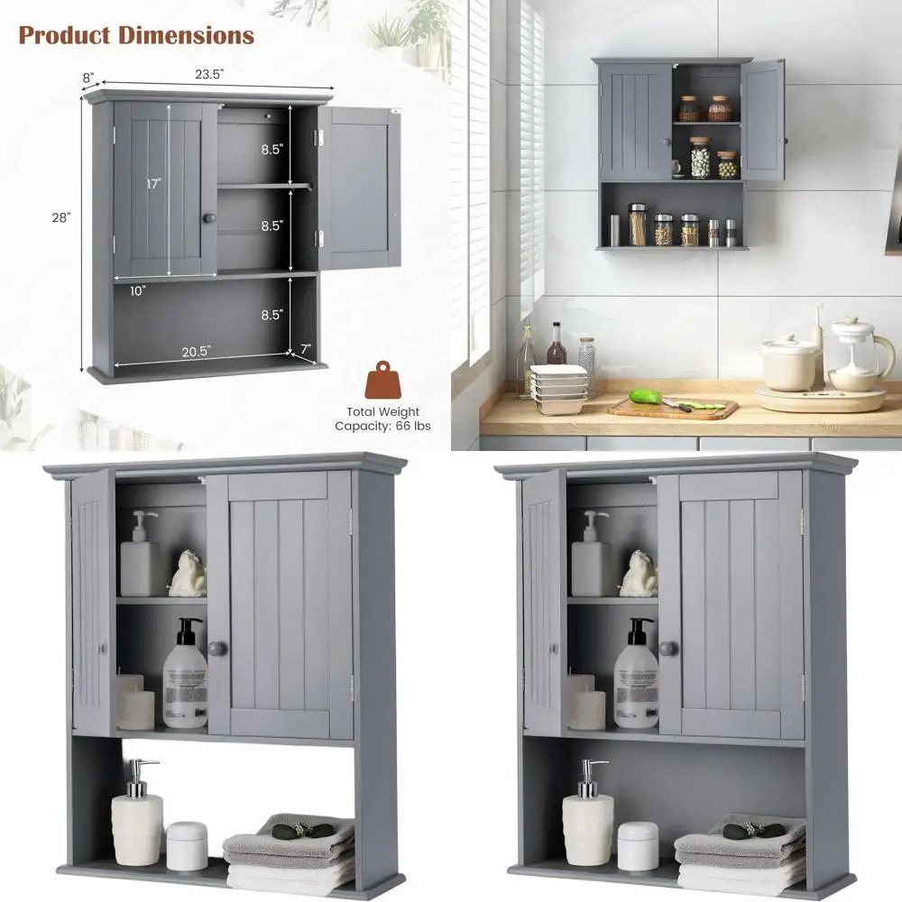 

Grey Wall-Mounted Bathroom Cabinet with 2 Doors, Adjustable Shelf, and Open Storage for Toilet Area, Suitable for Laundry, Livin