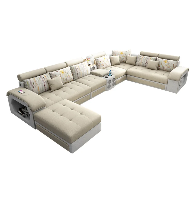 Wholesale Modern Multi-functional Intelligent Music Luxury Living Room Furniture U-shaped Cloth Figure Cotton Sofa Set
