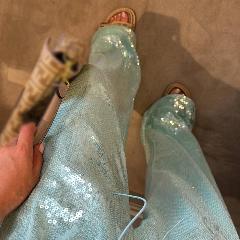 

Fashion Sequined Pants Women Solid Loose Drawstring Wide Straight Party Club Trousers 2025 Summer Autumn Chic Streetwears Lady
