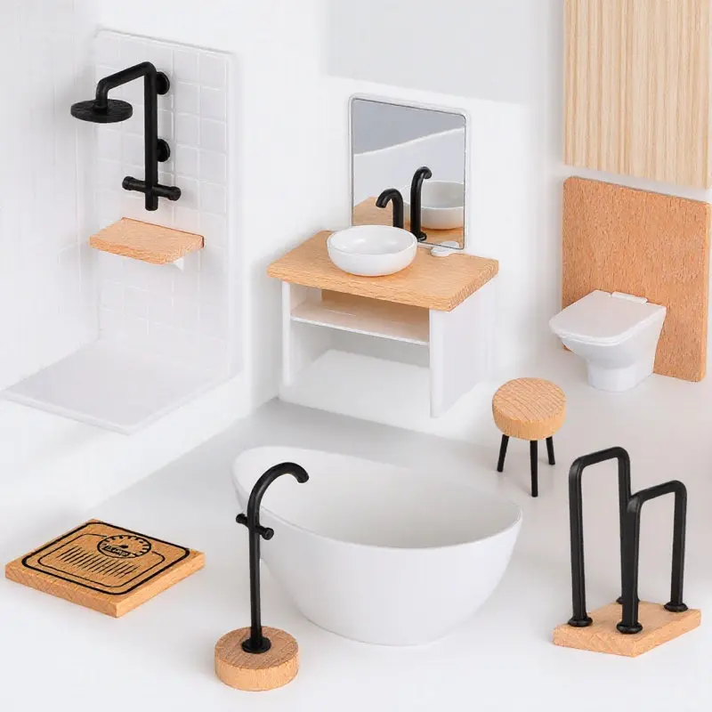 

1Set Miniature Bathroom Set for 1:12 Scale Dollhouse Wooden Plastic Shower Room Accessories Realistic Decor Home Styling Prop