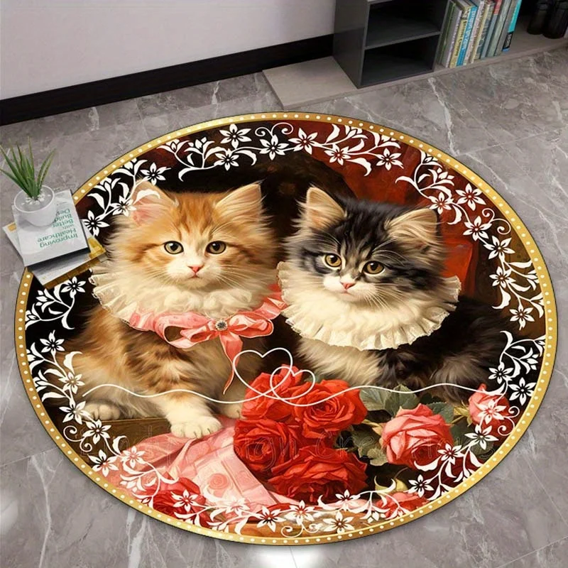 Romantic Oil Painting Cat Round Rug Retro Two Kittens Red Rose Floral Frame Circular Mat  Aesthetic Decor Floor Mat Indoor Decor