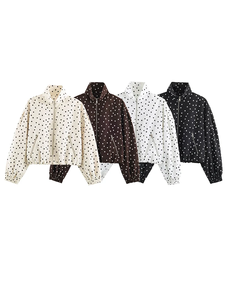 Women Stand Collar Polka Dot Zip Up Cropped Jacket Pocket Elastic Hem Short Windbreaker Coats 4 Colors