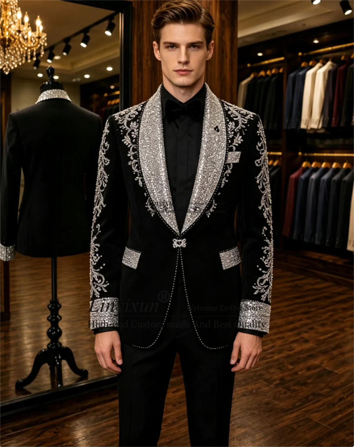 High End Diamond Crystals Men Suit 2 Pieces Set Wedding Party ropa hombre Customized Slim Shawl Lapel Groom Male Party Blazers
