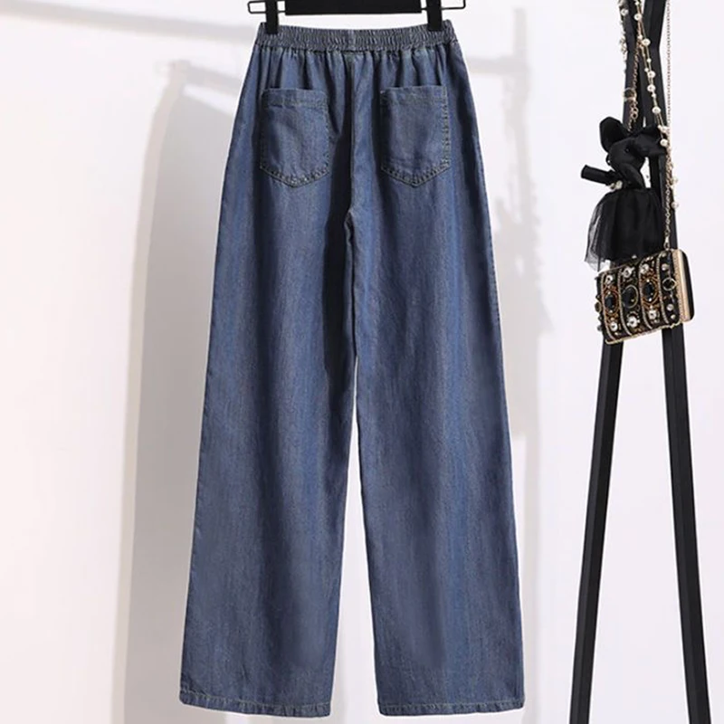 Coreano baggy perna larga jeans feminino casual elástico de cintura alta calças jeans retas verão fino clássico sólido vintage vaqueros novo