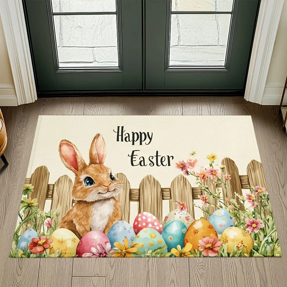 Ostern niedlicher Stil Eingangsbereich Fußmatte Kaninchen Osterei Blumendekor hellbeige Basis langlebig Urlaub Home Entry Decor Matte