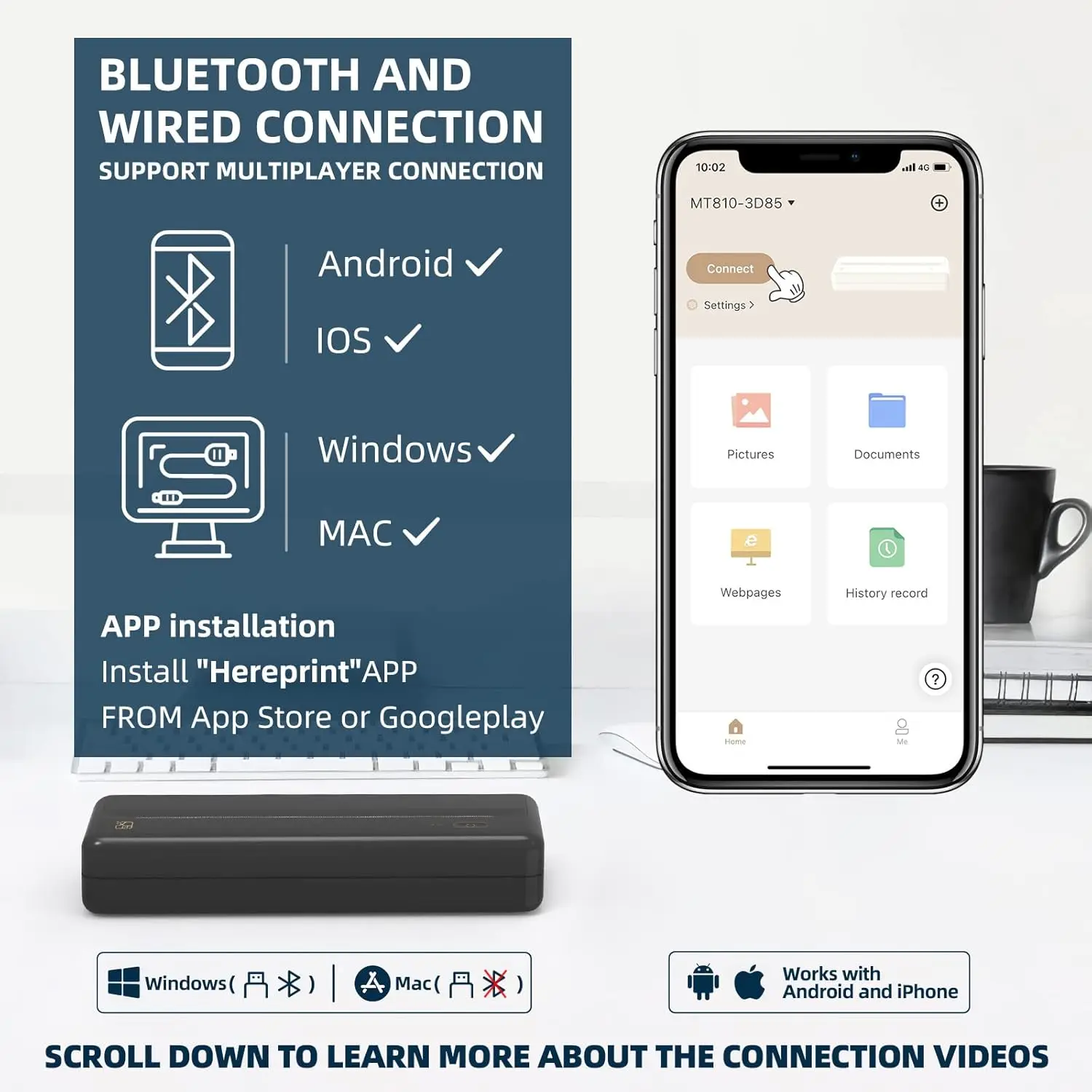 طابعة لاسلكية محمولة - طابعة بلوتوث حرارية للسفر والمكتب المتنقل والمدرسة والمنزل متوافقة مع iOS Android #3
