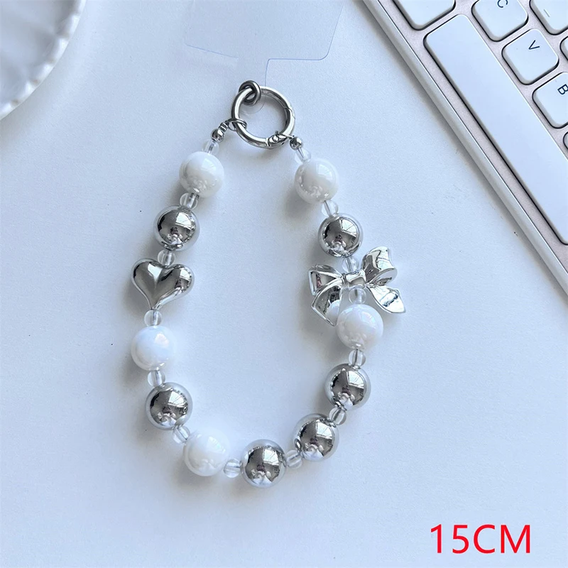 Silver Plated Beads Mobile Phone Chain Short Wristband Lanyard Keychains Bag Camera Charms Anti-lost Phone Straps For Airpods