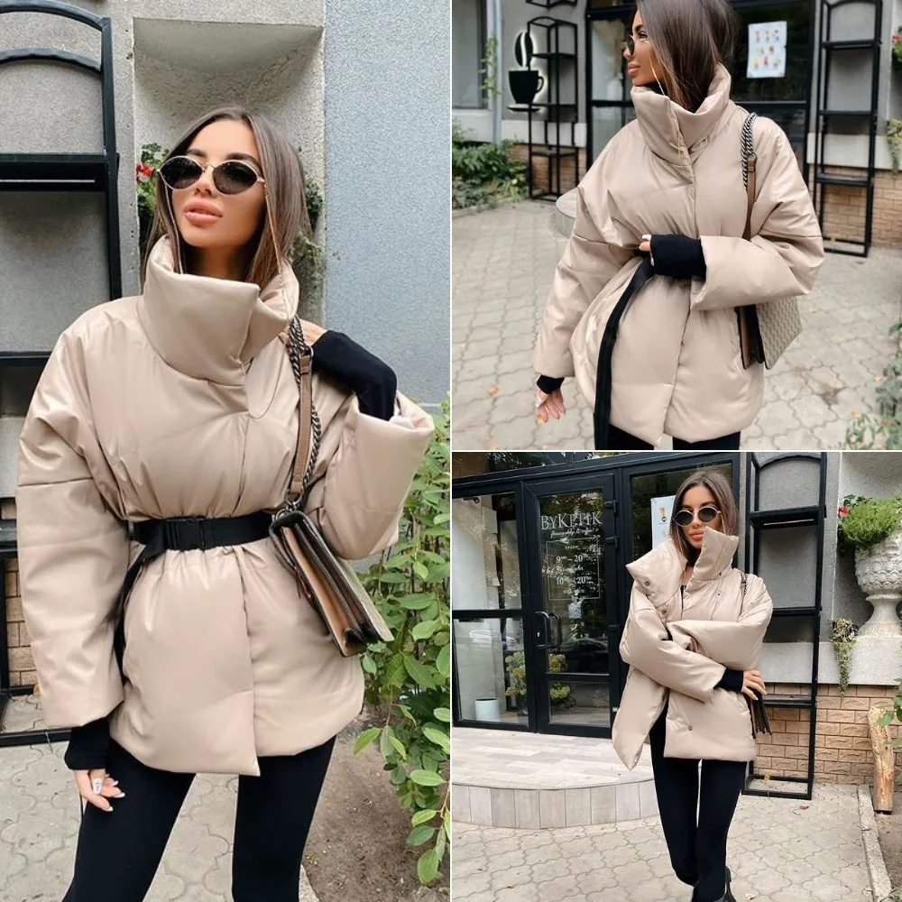 Winter Fashion Women's Oversized Cotton Coat Coat Coat Warmer Belt Belt Casual New Loose Pocket Bubble Khaki Short Coat Black