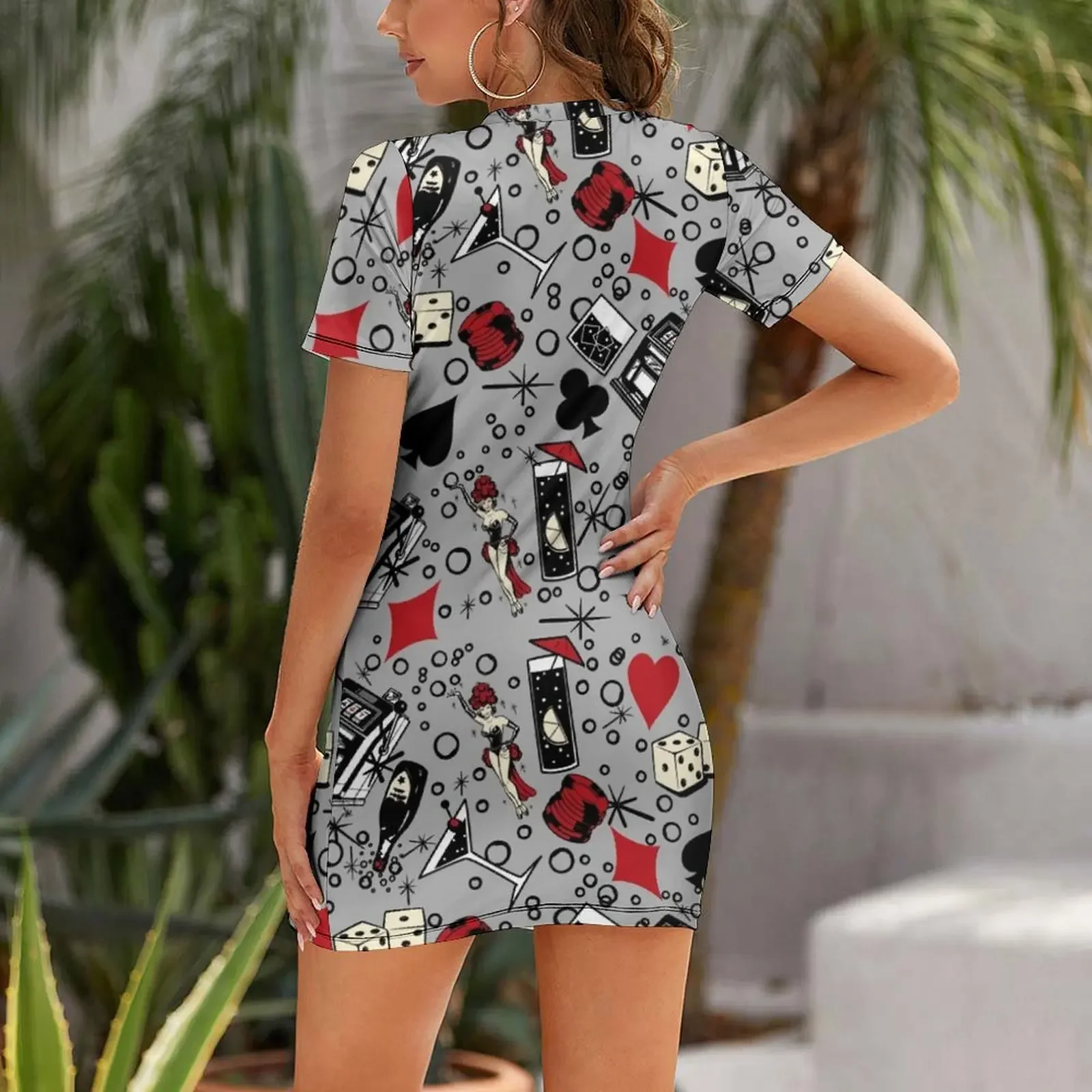 Viva Vegas Retro Casino Print - Red, Black and Gray Short-Sleeved Dress dress women elegant luxury Dress