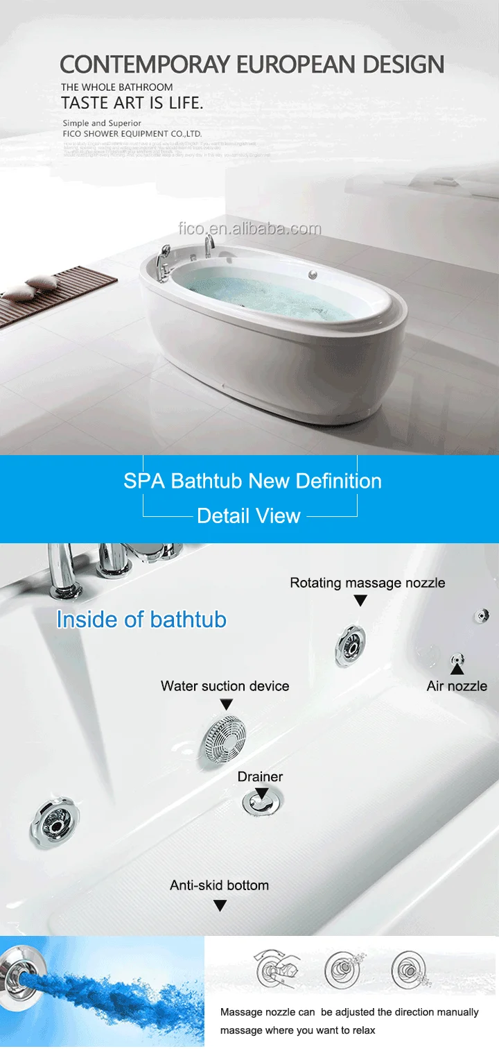 FICO الحمام الاكريليك حوض استحمام قائم بذاته تمرغ تدليك أحواض استحمام ساخنة Jaccuzy وظيفة حمام تبويب تدليك مائي دوامة أحواض الاستحمام