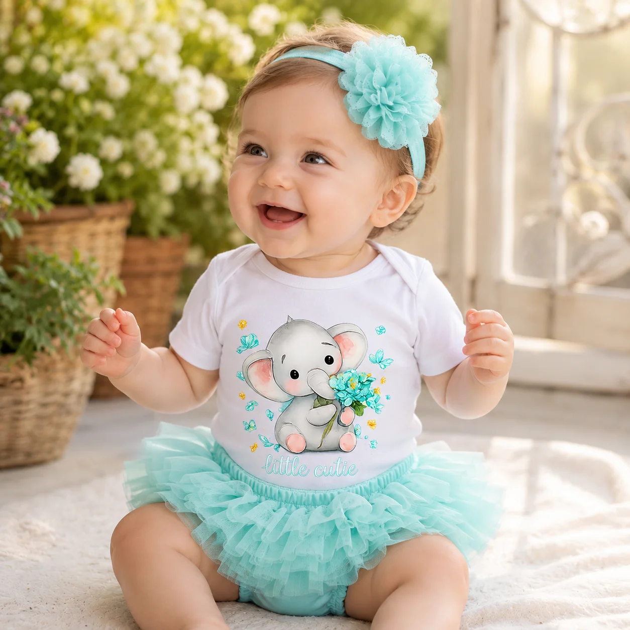 

6-18M Infant Baby Girl Clothes Set Cute Elephant Print Short Sleeve Bodysuit Tutu Bloomer with Headband Newborn Photography Outf