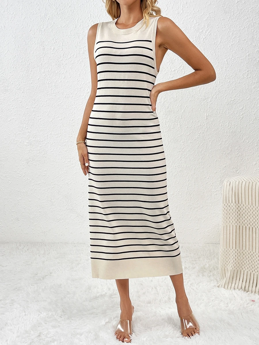 Women s Summer Knit Tank Dress Stripe Print Sleeveless Round Neck  Long Dress