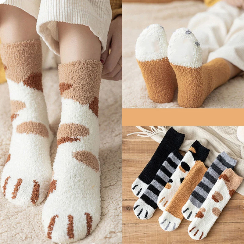 

Women Winter Warm Fluffy Socks Home Floor Sleep Cute Cat Paw Socks Thickened Coral Fleece Fuzzy Socks Hosiery Fluffy Funny Socks