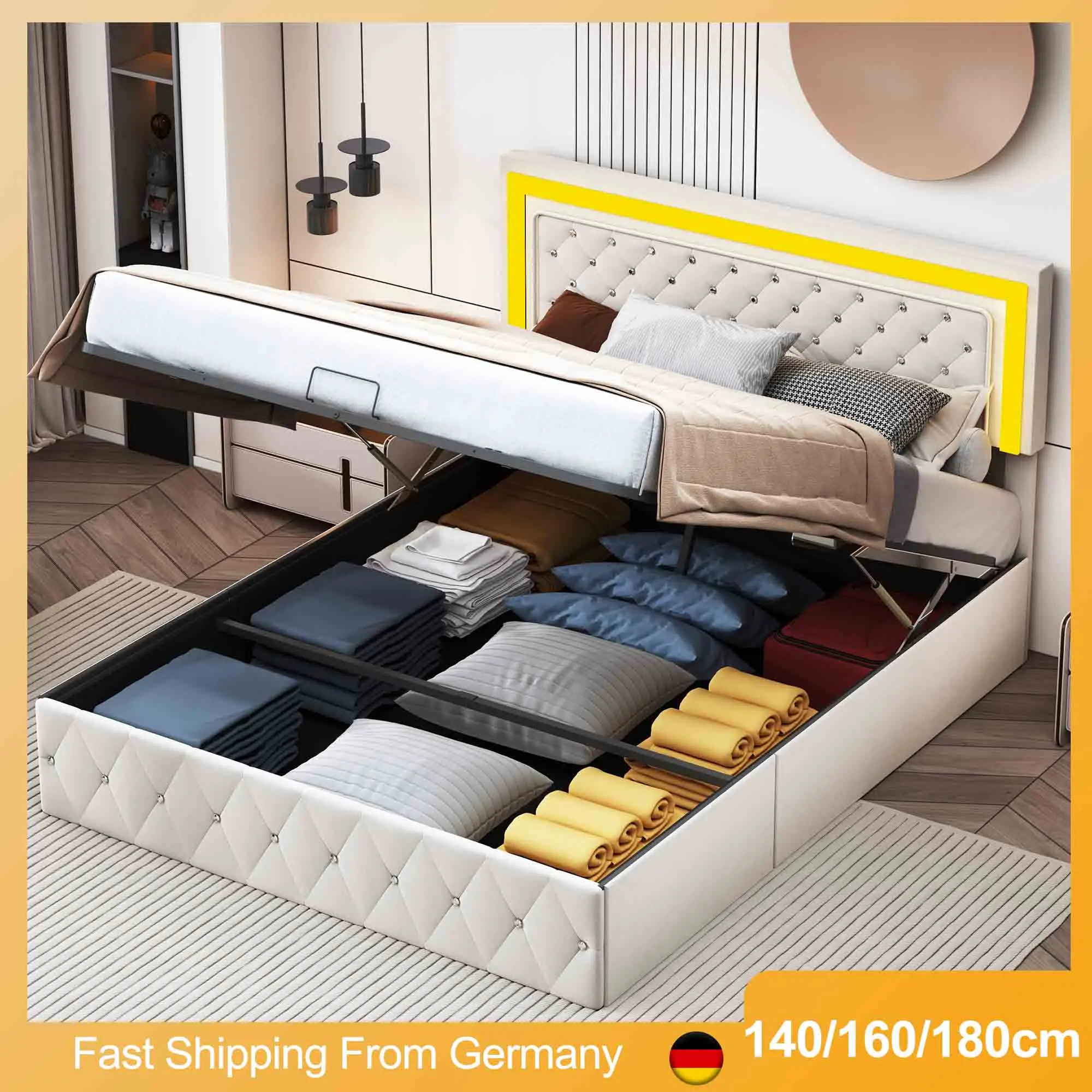 Wood Upholstered Bed with RGB Light, Storage Hydraulic Bed Frame, Single and Double Bed with Slatted Frame, Velvet