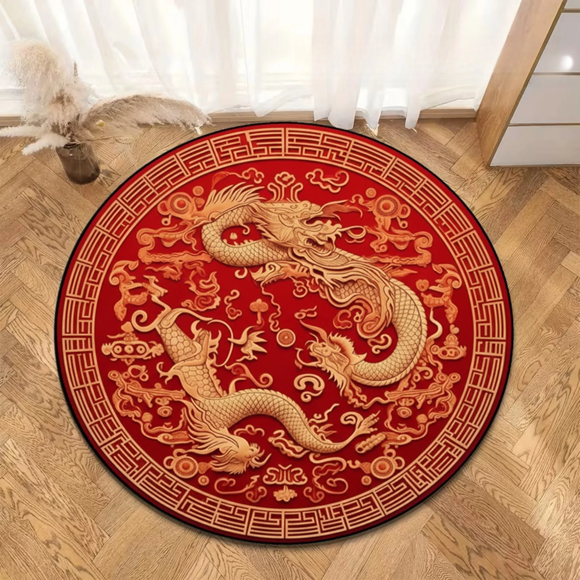 Oriental Auspicious Dragon Round Rug Floor Carpet Vintage Chinese Style Red Golden Dragon Pattern Mat for Indoor Home Decoration