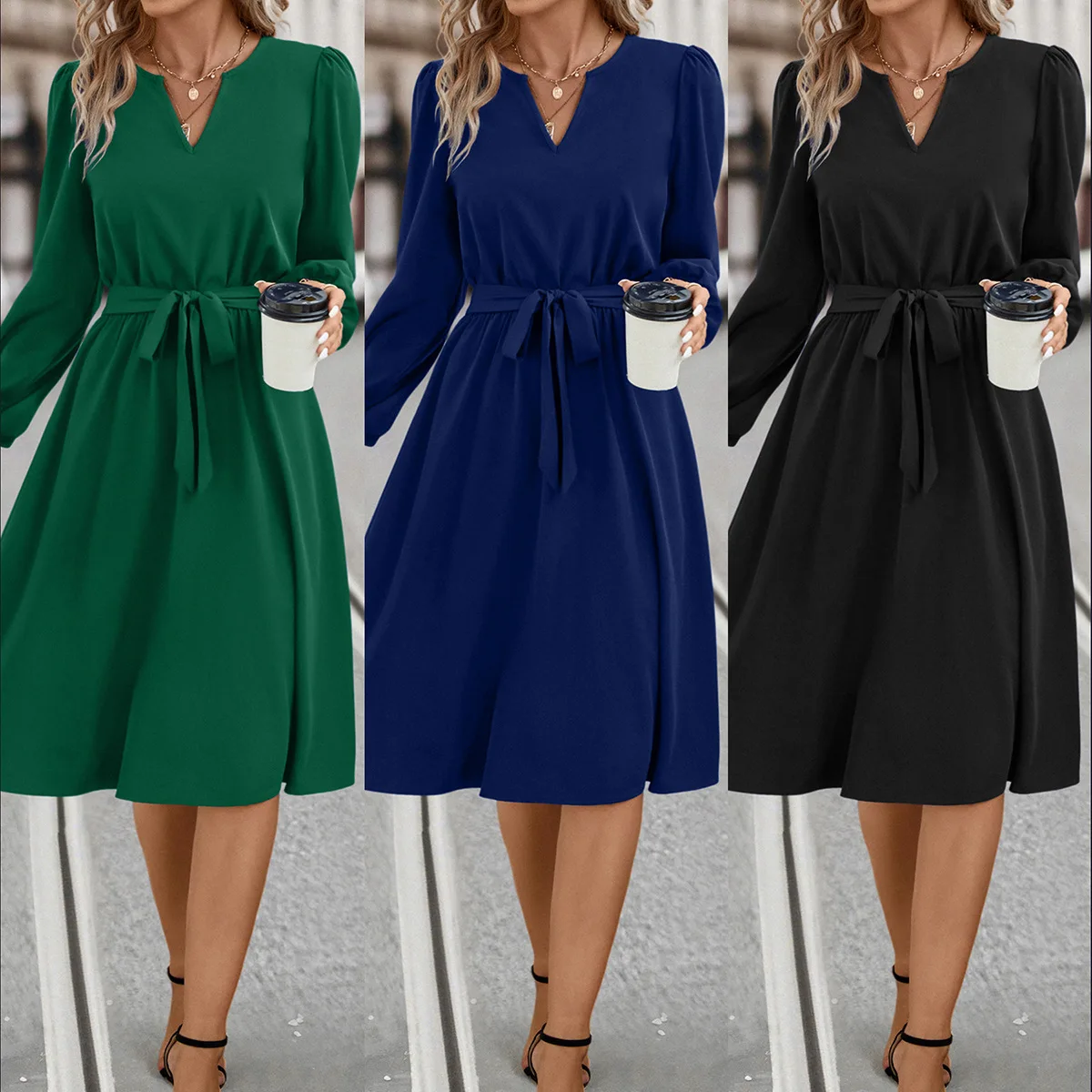 2024 Autumn And Winter New Women's Clothing Hot Sale Long-sleeved Small V-neck Strap Dress A-line Skirt U-neck Full Sleeves