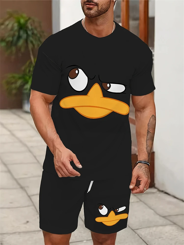 

2025 Men's Summer Casual Two-piece Set Cartoon Duck Printed Short Sleeve T-shirt Shorts Combo Set Breathable And Comfortable