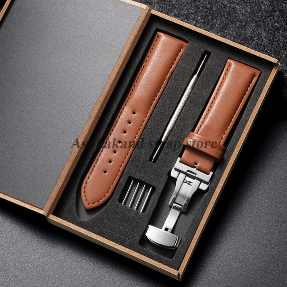 Echtes Lederarmband mit Box Uhrenarmband Schmetterlingsverschluss Armband 18mm 20mm 22mm 24mm Braun Schwarz Armband Uhrenzubehör