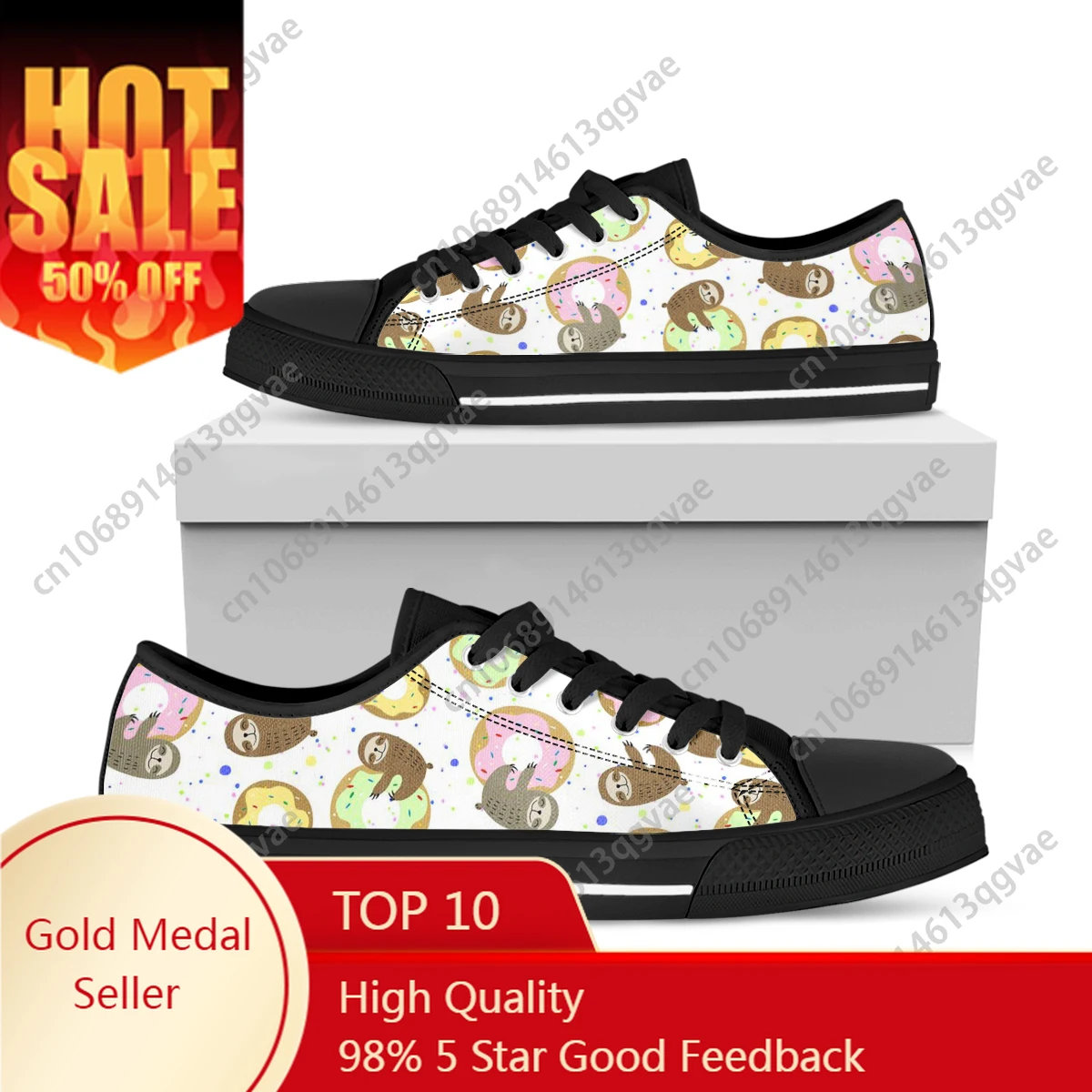 

Cute Sloth with Donut Low Top Sneakers Mens Womens Teenager High Quality Canvas Sneaker Couple Shoes Custom Personalized Shoe