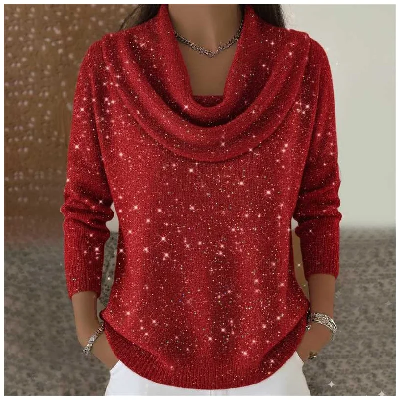 Autumn and Winter New Women's Fashion Bright Thread Sweater, Long Sleeve Stacked Collar Casual Solid Color Top Sweater