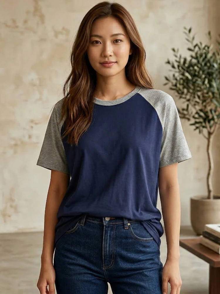 2026 Spring Summer Loose Versatile Casual Top 200G Cotton Raglan Short Sleeve O-Neck Women's T Shirt Color Block Tees