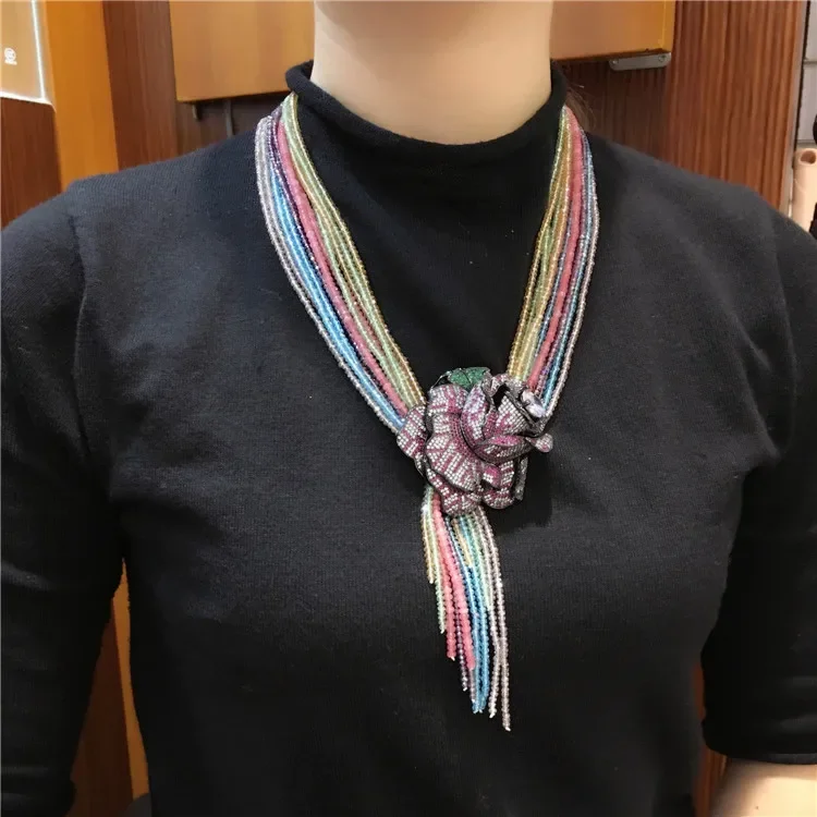 

20'' 12 Strands Natural Multi Color Crystal Flower CZ Pave Connector