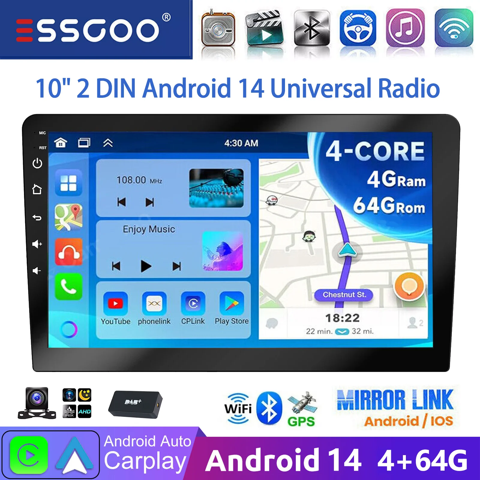 Universal Auto-Radio ESSGOO 10" Android 14 Doppel 2 Din 4G+64G Bluetooth GPS Navigation Drahtloses CarPlay Android Auto WiFi Touchscreen FM RDS Lenkradsteuerung Mirror Link Multimedia Video Player