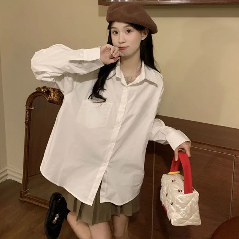 Camisas brancas femininas único breasted manga longa turn down collar senhora do escritório estilo coreano moda casual solta all-match simples