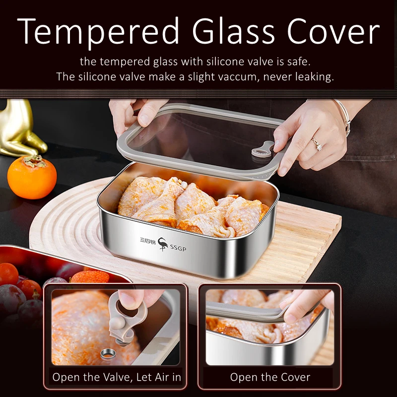LFGB Certificated 316L Stainless Steel Crisper 99.9% Anti-bacterial Fridge Food Box Well Sealed Bento with Tempered Glass Cover - Image 3