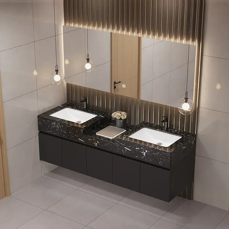 

Bathroom Cabinet Vanity with Sink Furniture Combination Large Smart Mirror Cabinet Lacquered Slate Seamless Integrated Basin Top