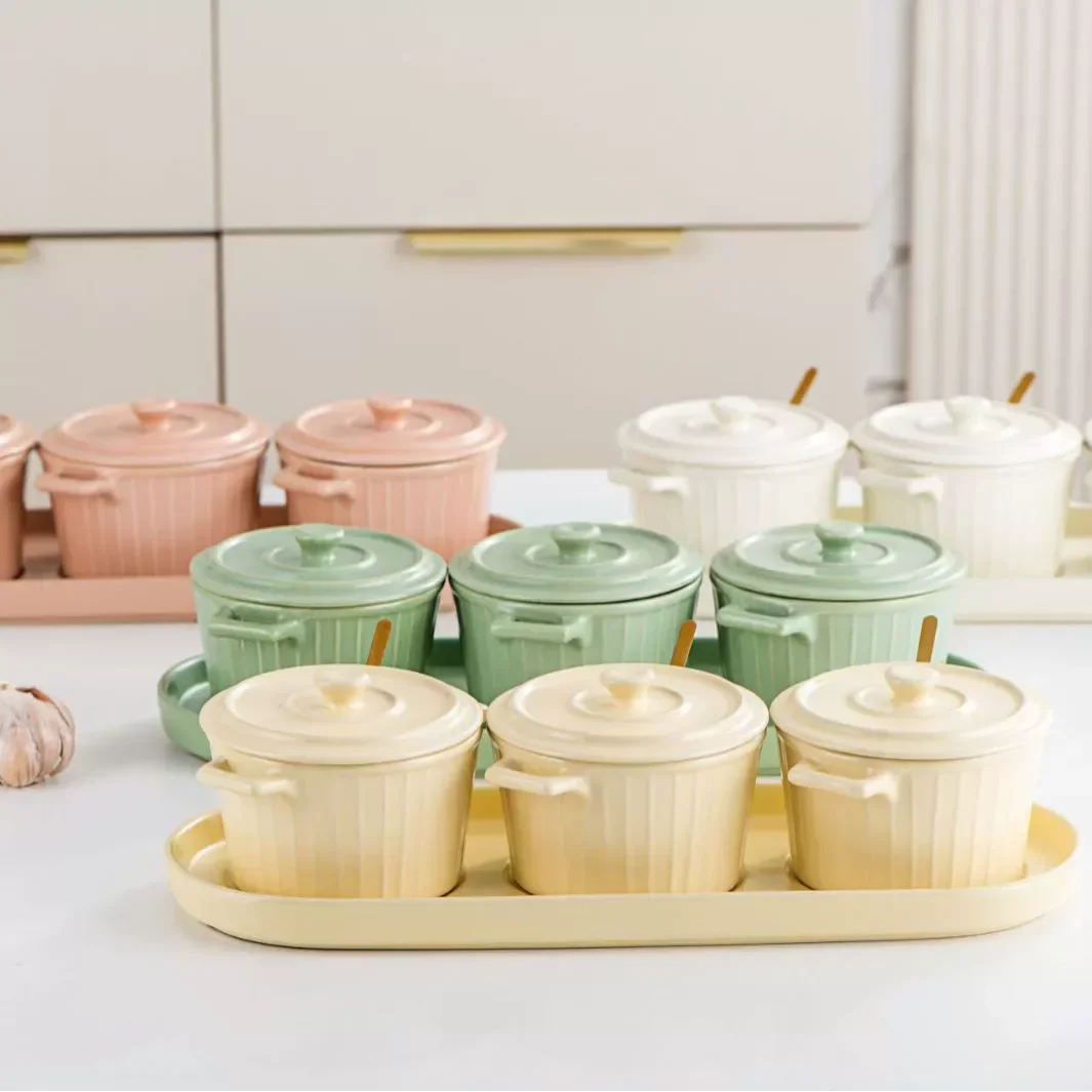 LingAo-Ceramic seasoning pot, high appearance level, cream INS style, with lid, internet celebrity seasoning box set, double han