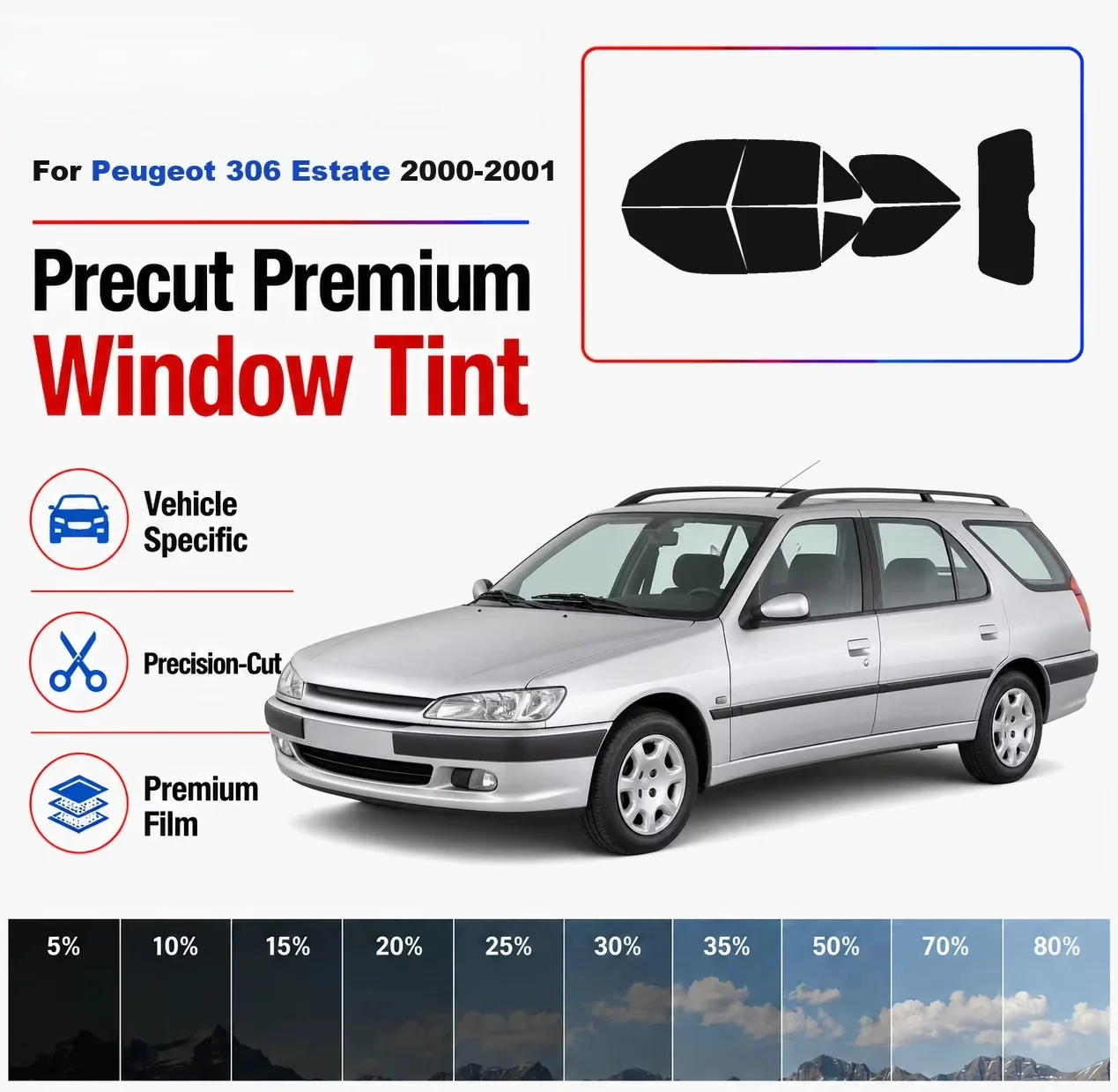 Premium Precut Window Tint Kit Front Rear Windows Rear Windshield For Peugeot 306 Estate 2000-2001 Car Solar Nano Ceramic Film
