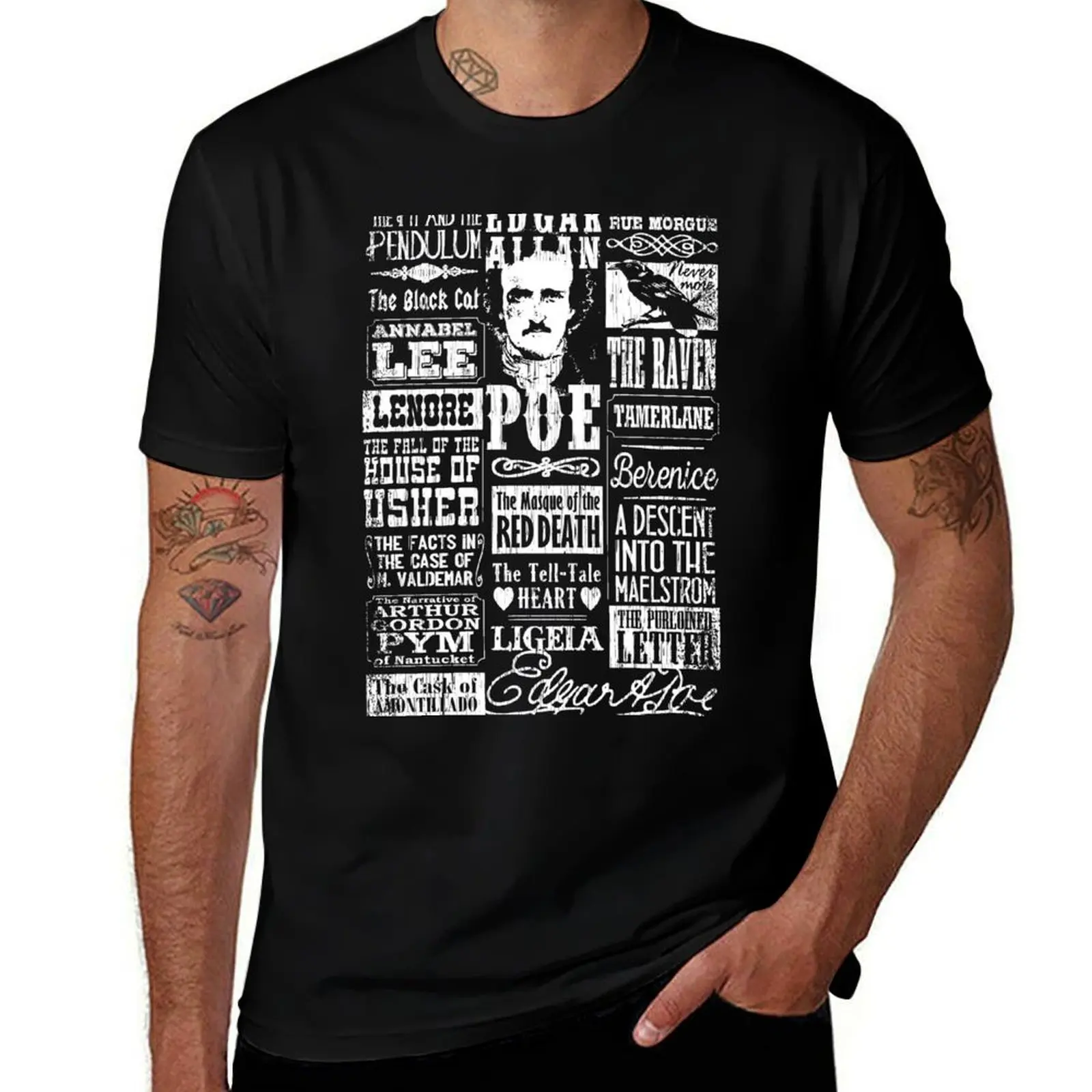 

Edgar Allan Poe Montage Stories Titles Poems Quotes T-Shirt Retro Style Print Casual Top