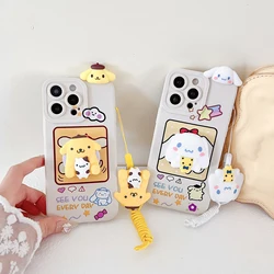 For iPhone 16 15 14 13 12 11 XR Xs 8 7 6 Pro Max mini Plus Pom Pom Purin Case With Holder Rope