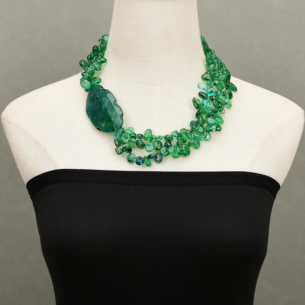 G-G 3 Rows Natural Top-drilled Green Crystal Chocker Necklace Peandant 20\'\' Muti Strands Necklace Handmade Women Gifts