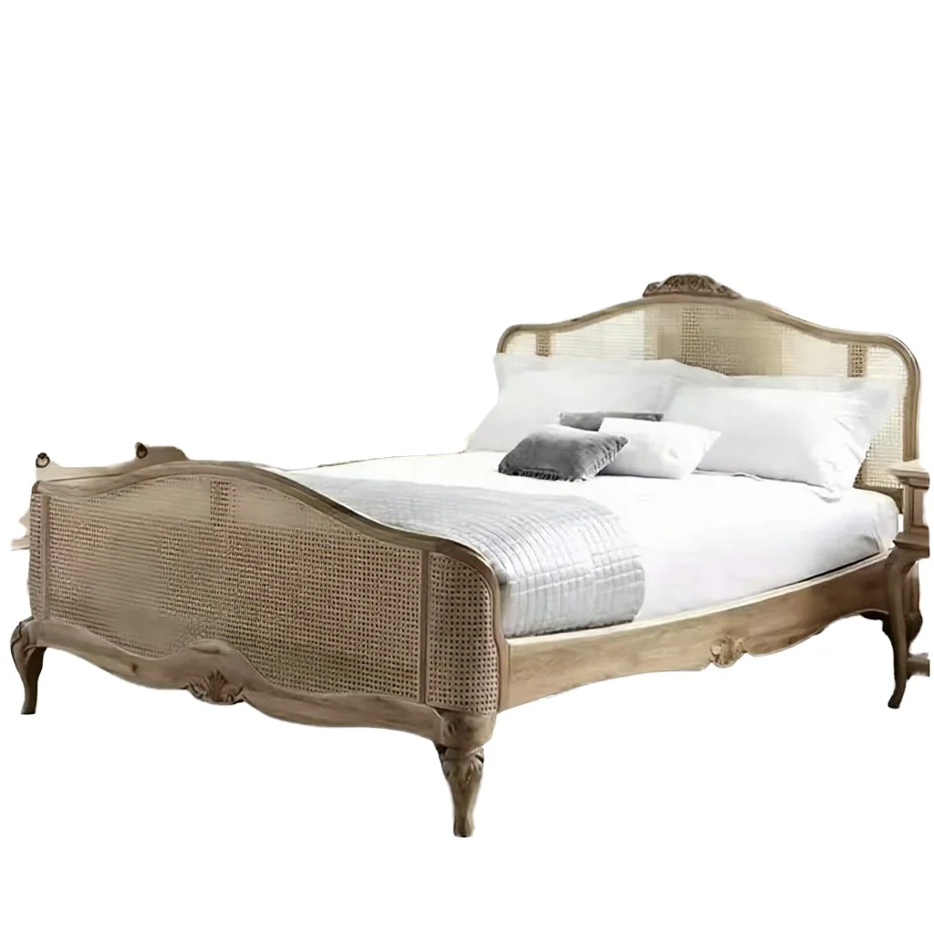 ^French Provincial Cane Bed Set Rattan Panel Bedroom Furniture with Nightstands Distressed Wood Finish