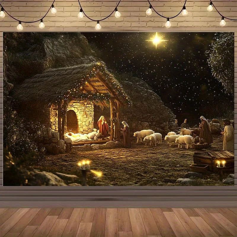 1pc Nativity Scene Tapestry - Starry Night Christmas Manger with Mary, Joseph, Shepherds & Lambs - Polyester Fabric Indoor Relig