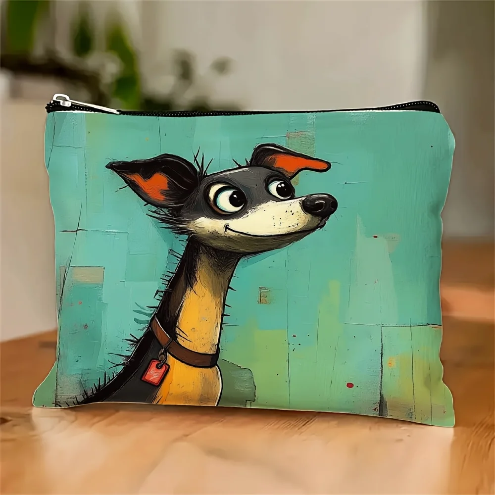 Una simpatica borsa per il trucco con motivo volto di cane con sfondo verde acqua: custodia multifunzionale con cerniera, borsa per riporre gioielli