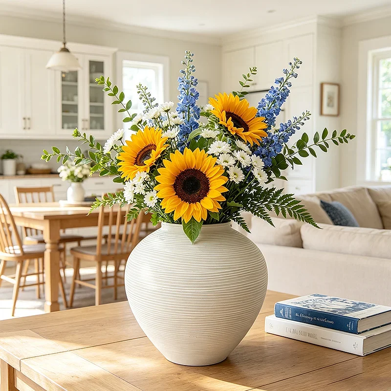 Creamy White Matte Ribbed Wrought Iron Vase for Dried Floral Arrangement Living Room Desktop Wedding Table Home Decor Ornament