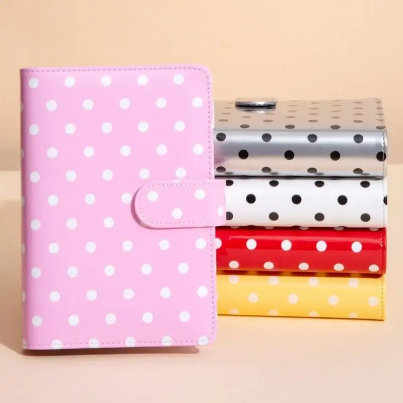A6 Retro White Polka Dots PU Clip‑on Loose Leaf Notebook DIY Journal With 45 Sheets Inner Pages